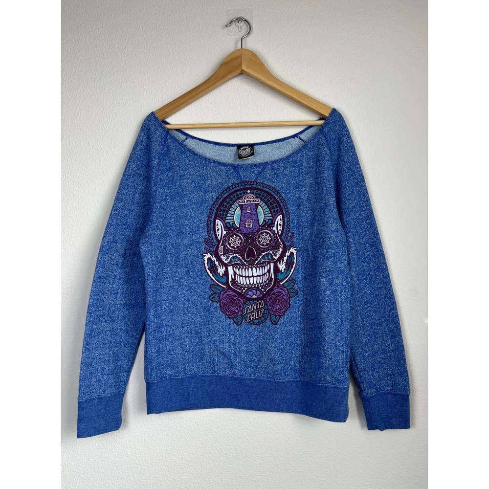 Santa Cruz Sugar Skull Sweatshirt Womens XL Blue Off Shoulder Graphic Pullover